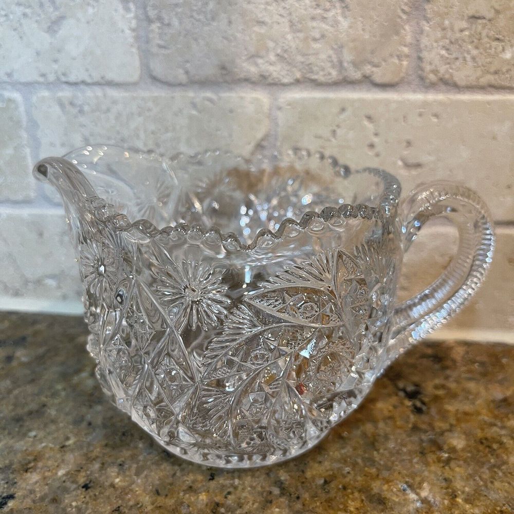Vintage Creamer‎ Pitcher 3.5 Inch Clear Cut Crystal Glass Floral Geometric